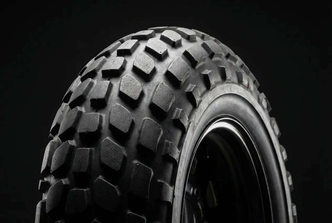 Yamaha TW 125 Fiabilité : Avis, Problèmes et Bilan Occasion Gros plan iconique du pneu arrière large et cranté d'une Yamaha TW 125 sur fond sombre, mettant en avant son design unique.