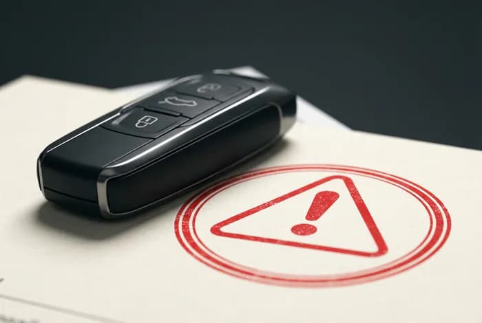Acheter une voiture sans CT : risques, loi et démarches Clé de voiture et document officiel avec un tampon rouge d'avertissement, représentant les complications légales d'un achat de voiture sans contrôle technique.