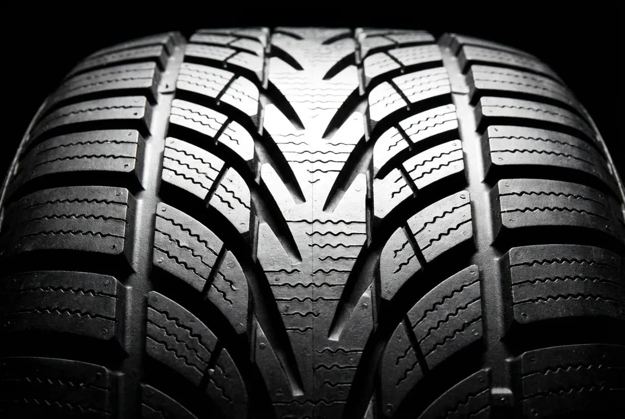 Avis Pneu Nokian : Sont-ils fiables ? Notre test complet Gros plan en macro d'un pneu Nokian neuf, mettant en évidence la texture et le design complexe de la bande de roulement sur un fond noir.