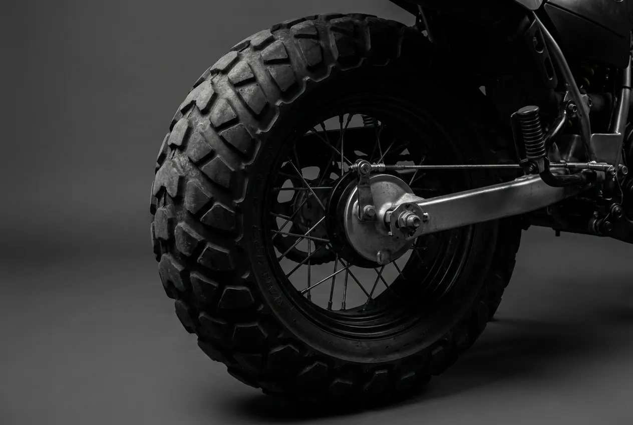 Yamaha TW 125 : caractéristiques techniques et entretien Miniature en gros plan du pneu arrière emblématique de la Yamaha TW 125, capturé en studio avec un éclairage contrasté.