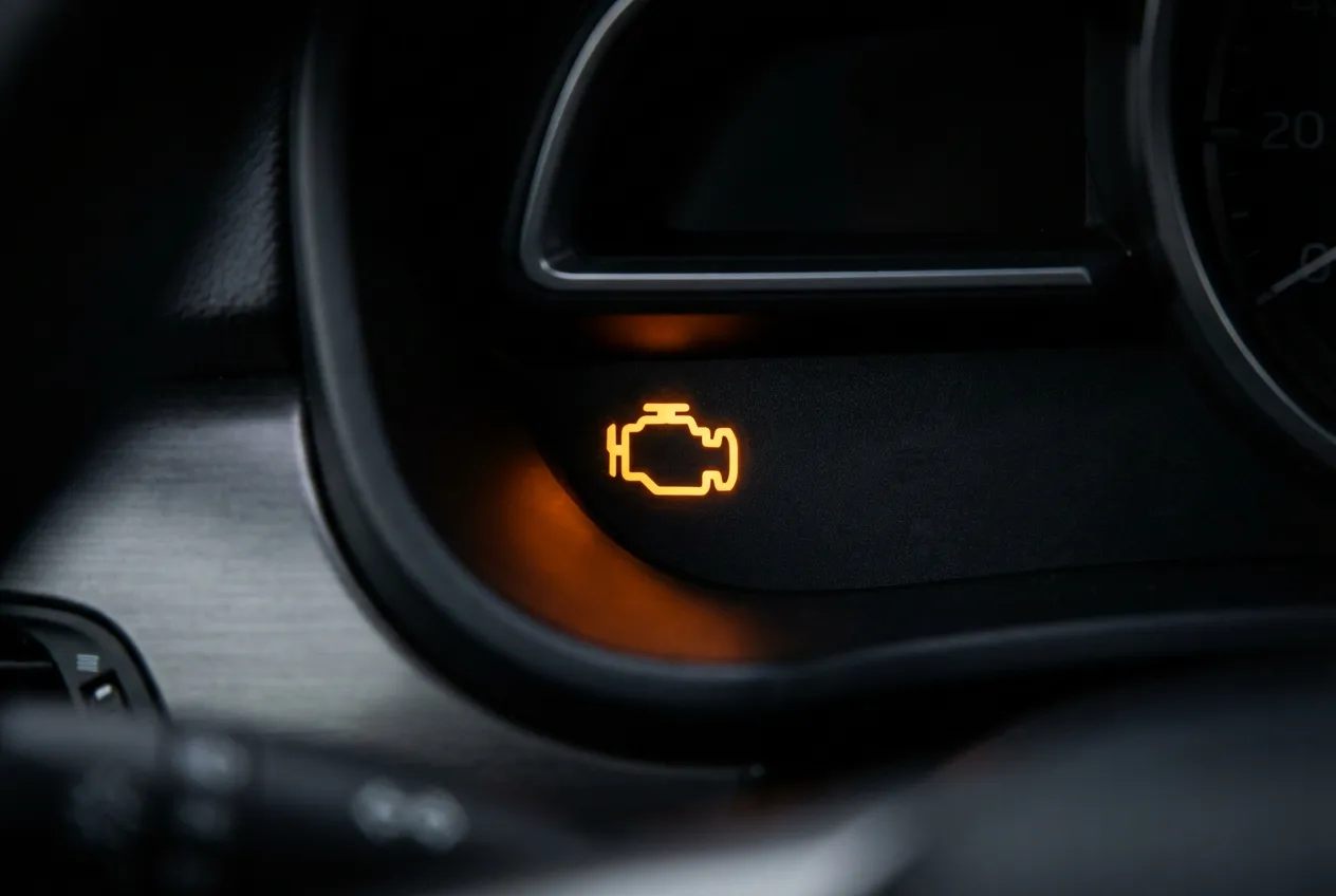 Code défaut p0409 : causes, symptômes et réparations Gros plan sur un voyant moteur orange allumé sur un tableau de bord, représentant un symptôme du code d'erreur P0409.