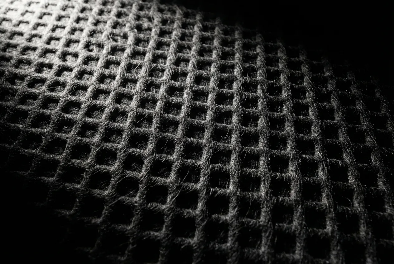 Réparer l'isolant du capot moteur : étapes et matériel Gros plan macro et minimaliste de la texture d'un isolant de capot moteur, sur fond noir, pour illustrer le matériel de réparation.